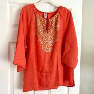 100% Linen. Chico's Coral Orange Embroidered Peasant Blouse